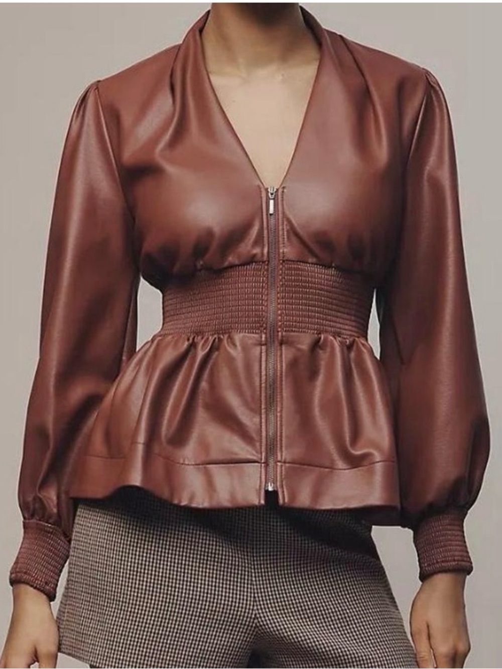 Maeve Wine fauxleather Top Peplum Style zip up front,long sleeves pleated waist